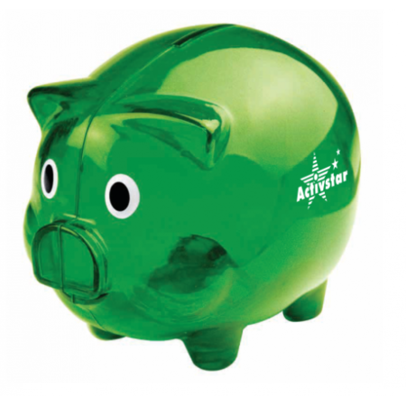 Plastic piggy bank with Activstar logo